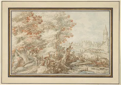 A Wooded Landscape with Travellers by a Stream, a Town Beyond by Питер Стивенс, 1597 — digital art print download