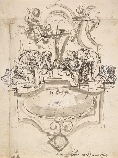 Design for a sepulchral monument with Mary Magdalen and Saint Jerome by Pieter Verbruggen the Younger — digital art print…