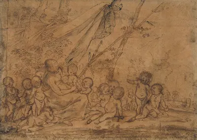 A Seated Female Figure Surrounded by Nude Infants by Пьетро Теста — digital art print download