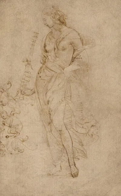 Female Figure with a Tibia, and Ornamental Studies by Raphael, 1504–1508 — digital art print download