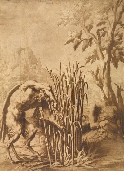 Pan cuts the reed into which the nymph Syrinx has turned by Школа Фонтенбло — digital art print download