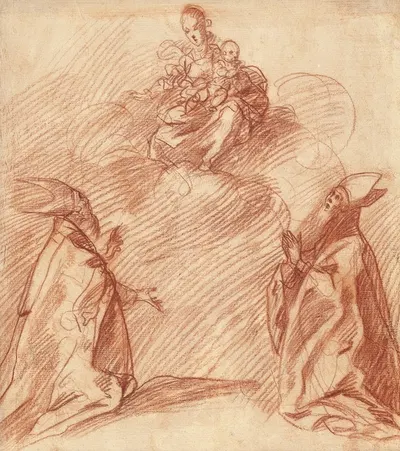 The Virgin and Child Appearing to Two Bishops by Spanish School, 1680 — digital art print download