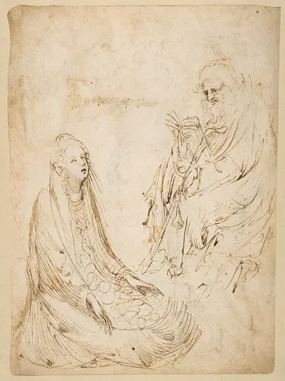 Seated Woman and a Male Hermit in Half-length by Stefano da Verona — digital art print download