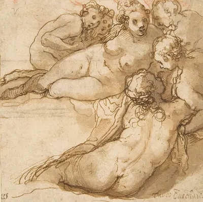 Group of Six Reclining Nude Women (Nymphs Bathing) by Taddeo Zuccaro — digital art print download