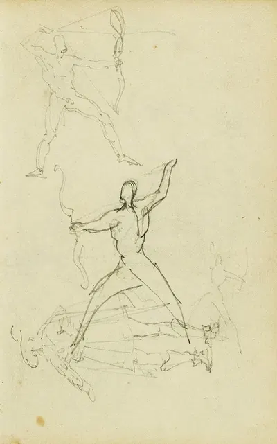 Three studies of a nude man with bow and arrow, standing cavalier by Теодор Жерико, 1812 - 1814 — digital art print download