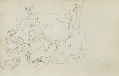 Lion attacking a snake over nude figure study by Теодор Жерико, 1812–1814 — digital art print download