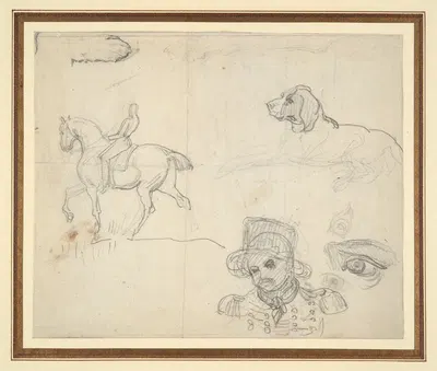 Page of Sketches (equestrian, dog, soldier’s head) by Теодор Жерико, 1814 — digital art print download
