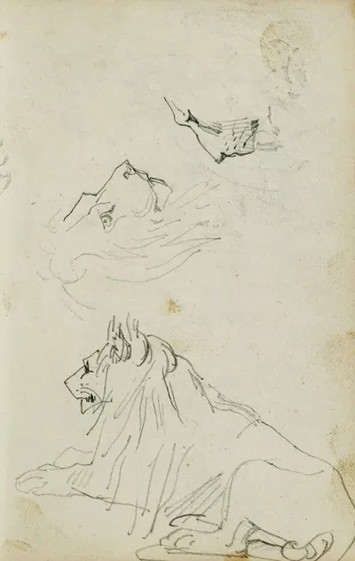 Seated lion, two lion head studies by Теодор Жерико, 1812 - 1814 — digital art print download
