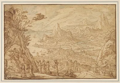 An Extensive Estuary Landscape with the Story of Mercury and Herse by Tobias Verhaecht, 1610 — digital art print download