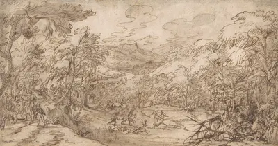 Wooded Landscape with Stag Hunt by Tobias Verhaecht — digital art print download