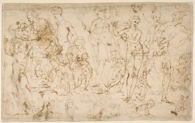 Sheet of Figure Studies and Ornamental Motifs by Vincenzo Tamagni, 1520–1530 — digital art print download