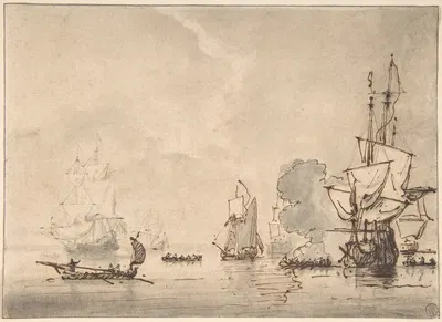 A Frigate at Anchor, Saluting a Nearby Yacht by Виллем ван де Вельде Старший — digital art print download