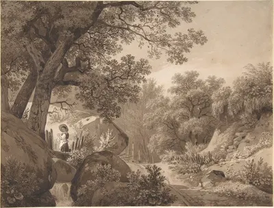 Landscape with a Young Girl at a Waterfall by Вольфганг Адам Тёпфер — digital art print download