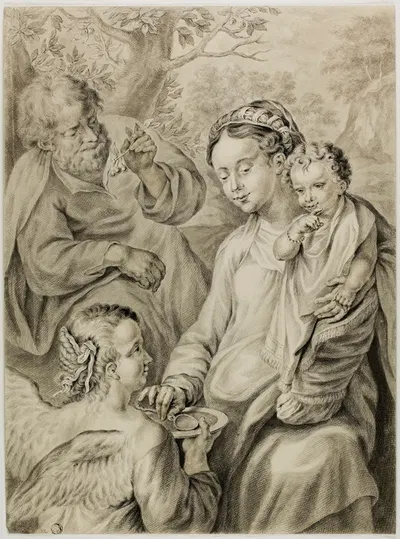 Virgin Feeding Porridge to the Christ Child, with Saint Joseph and Kneeling Angel by Abraham Delfos — digital art print…