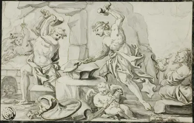 Vulcan Making Arms for Achilles, while Venus and Cupid Look On by Abraham Drentwett the Elder — digital art print download