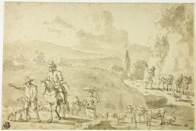 Cows, Sheep, Goats Being Herded, Herdsman Giving Directions to Traveler on Horseback by Абрахам Янсз. Бегеин — digital art…