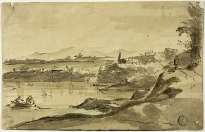 Landscape with Fisherman in Lake by Adam Pynacker — digital art print download