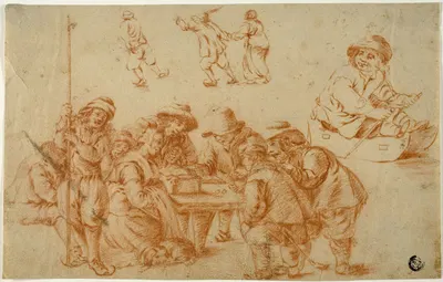 Sketches of Peasants Playing Dice and Skating; Sketch of Boy on Sled by Адриан ван Остаде — digital art print download