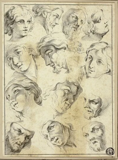 13 Sketches of Various Faces by After Abraham Bloemaert — digital art print download