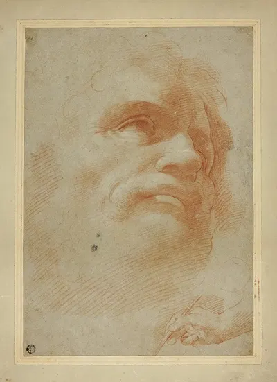 Male Head and Sketch of Right Hand Holding Stylus by After Correggio — digital art print download