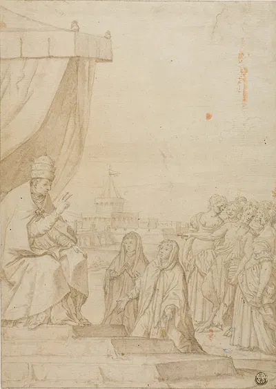 Pope Blessing Two Women in the Presence of Satyr and Assembled Women with Castel Sant Angelo in the Background by After…