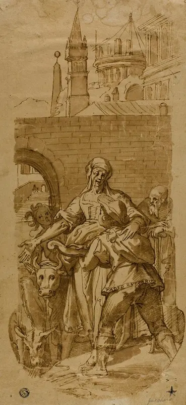 Taddeo Zuccaro at the Entrance to Rome, Greeted by Servitude, Hardship, and Toil by After Federico Zuccaro, 1590-1600 —…