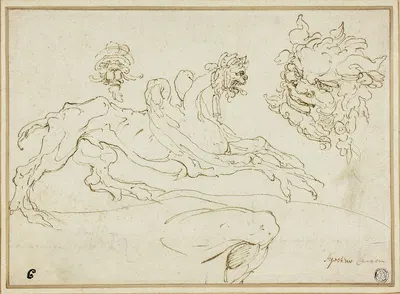 Four Sketches; Griffin, Grotesque Head, Head of Satyr, Bent Leg by Агостино Караччи — digital art print download