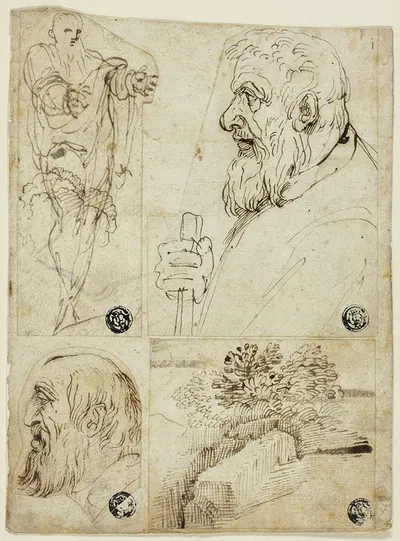 Four Sketches; Standing Male Figure; Profile Bust of Bearded Man; Profile Head of Bearded Man; Landscape by Agostino…