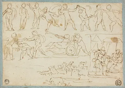 Frieze of Putti, Sketch of Lot and His Daughters, Sketch of Buildings by Агостино Караччи — digital art print download