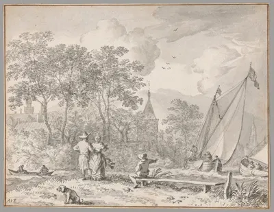 Landscape with Elegant Figures by a River, with Boats to the Right and a Town Behind Trees Beyond by Allaert van Everdingen…