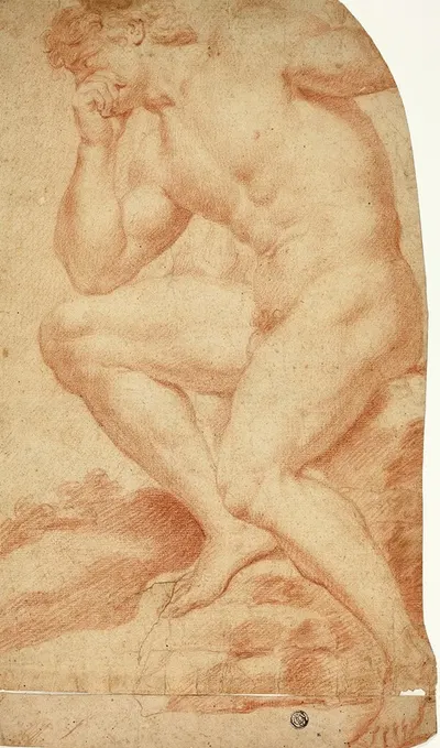 Seated Academic Male Nude in Profile to Left by Andrea Camassei — digital art print download