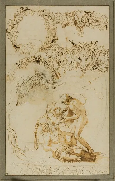 Drunken Silenus and Decorative Sketches; Studies for the Tazza Farnese by Annibale Carracci, 1599-1601 — digital art print…