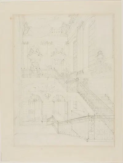 Study for The Hall and Staircase, British Museum, from Microcosm of London by Augustus Charles Pugin, c. 1808 — digital art…