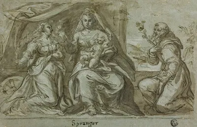 Madonna and Child with Saints Catherine and Dominic by Bartholomaeus Spranger — digital art print download