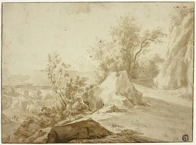 Rocks and Mountain Path, Figures and Town Below by Бартоломейс Бринберг — digital art print download