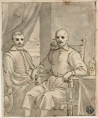 Portrait of a Seated Ecclesiastic and a Standing Boy by Bernardo Castello, c. 1610 — digital art print download