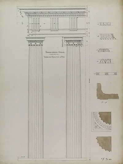 Orders of Architecture, Roman Doric Order from Baths of Diocletian, Rome, Italy, Elevation by Carl (Charles) J. Furst, 1870…