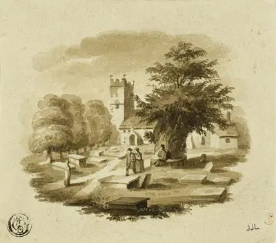 Figures in Cemetary Near Church by Чарльз Альфред Стотард — digital art print download
