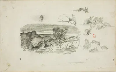 Sketches; Rocky Setting and Rabbits by Шарль Франсуа Дюбини — digital art print download