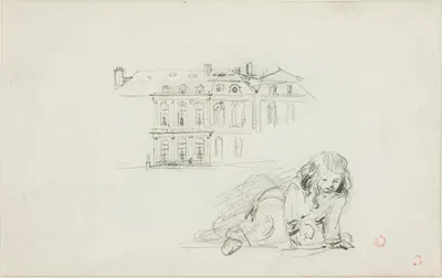 The Hotel de Ville, Tours and a Girl Playing by Шарль Франсуа Дюбини — digital art print download