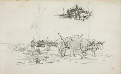 Two Sketches of Oxen Hauling a Log by Шарль Франсуа Дюбини — digital art print download