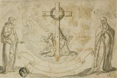 Virgin Mary and St. John the Evangelist Beholding a Vision of the Cross Held by Two Angels by Christoph Schwarz — digital…