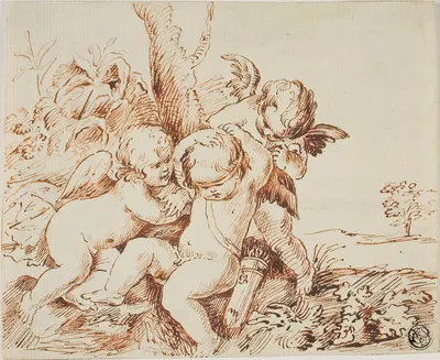 Two Putti Blindfolding a Third by Circle of Guido Reni — digital art print download