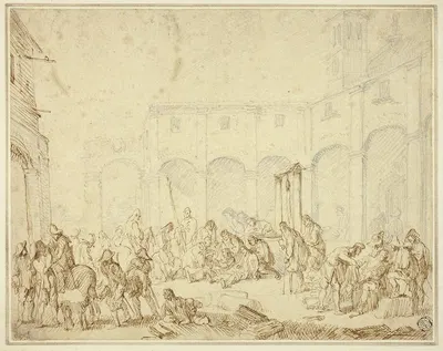 Wounded Soldiers in a Courtyard on Town Square by Корнелис де Ваэль — digital art print download