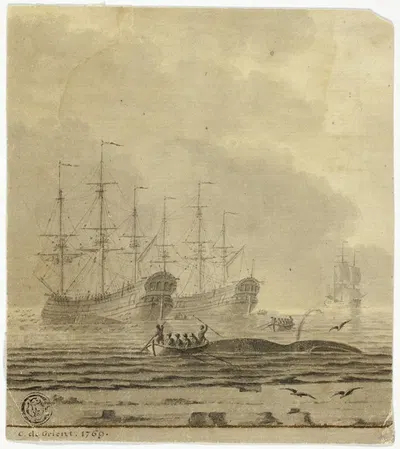 Whaling Ships and Small Boats with Whale by Корнелис де Гриент, 1769 — digital art print download