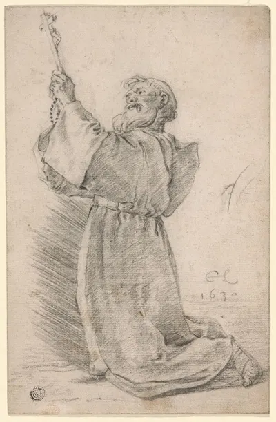 Kneeling Monk Holding a Crucifix by Cornelis Saftleven, 1630 — digital art print download