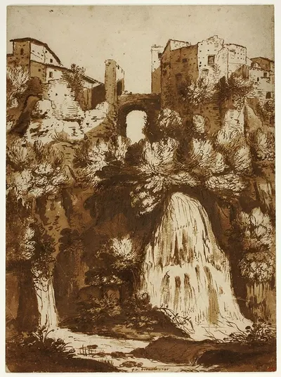 View of Tivoli with the Bridge Over the Anio Waterfall by Корнелис Ван Поеленбурх, 1620 — digital art print download