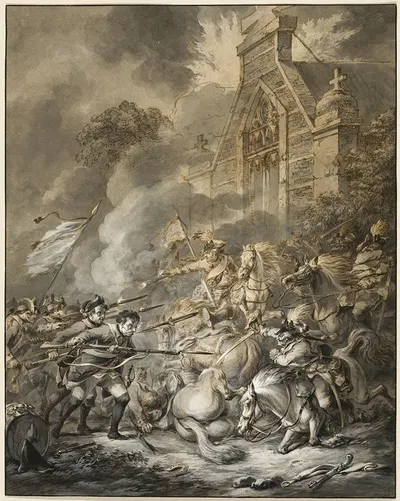 A Skirmish Between the Cavalry Officers and Footsoldiers with Bayonets by Dirk Langendijk, 1781 — digital art print download
