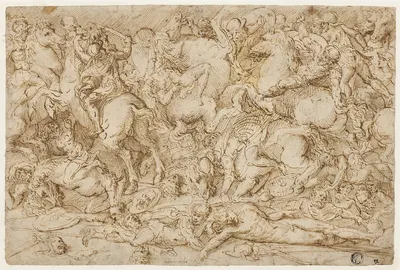 Battle Scene with Horses and Men by Domenico Campagnola, c. 1517 — digital art print download