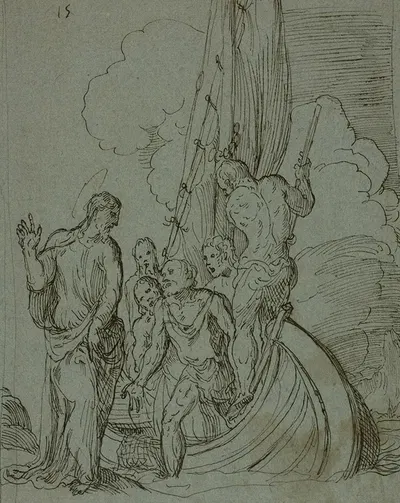 Christ Walking on the Water, Peter Following by Domenico Campagnola, c. 1550 — digital art print download
